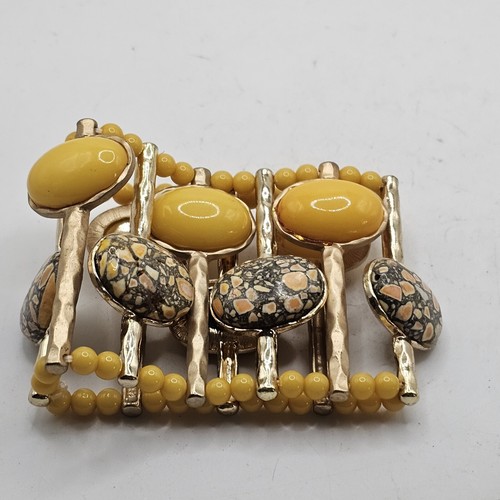 Gold Tone Thick Bracelet Stretch Chunky With Yellow And Multi Colored Beads - Picture 5 of 6