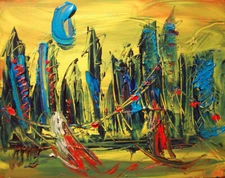 BLUE MOON CITY..  PAINTING  IMPRESSIONIST CANVAS ORIGINAL OIL  WALL ART BY KAZAV