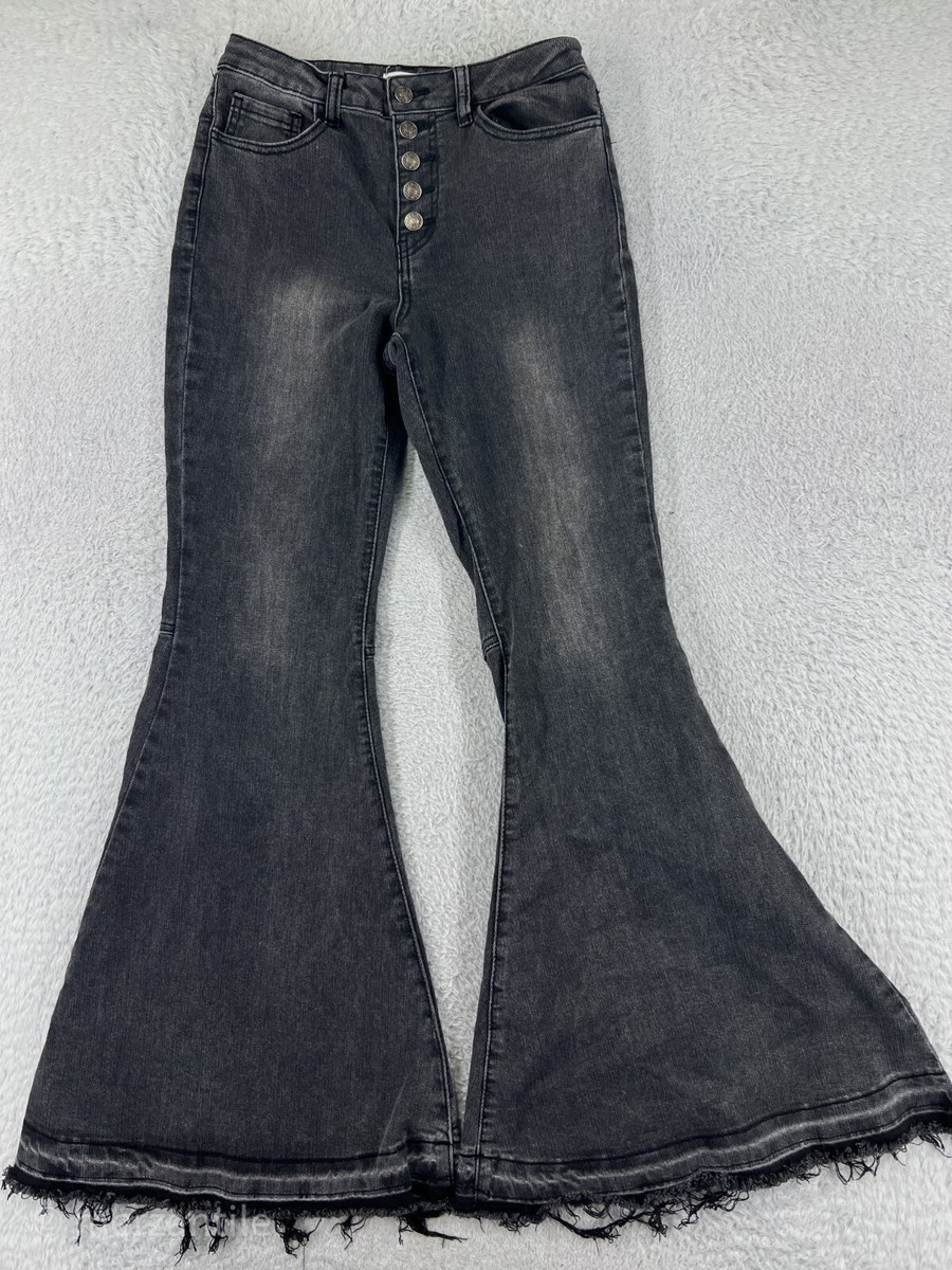 Forever 21 Pants Women 27 Black Denim Jeans Mega Flare Raw Hem