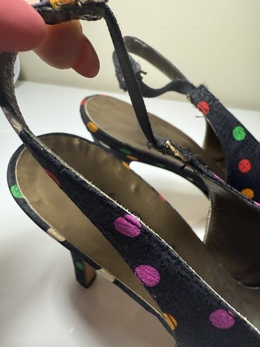 YSL Saint Laurent High Heels Black Polka Dot Fabric Leather Slingback Sandal 7.5 - Picture 6 of 11