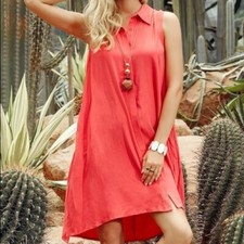 Suzanne Betro Women's Sz S Flowy Sundress Coral sleeveless swing pockets Rayon