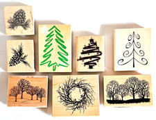 Rubber Stamps Lot of 8 Winter Theme Trees Wreath Pine Cones Fall 2 3/8"-4"