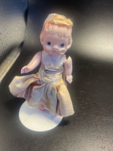 VINTAGE Celluloid Girl Doll 1920’s Dress On Stand Plastic Jointed Arms/legs