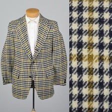 39S 1970s Mens Mod Blazer Wool Tweed Jacket Houndstooth Plaid Sportcoat 70s VTG