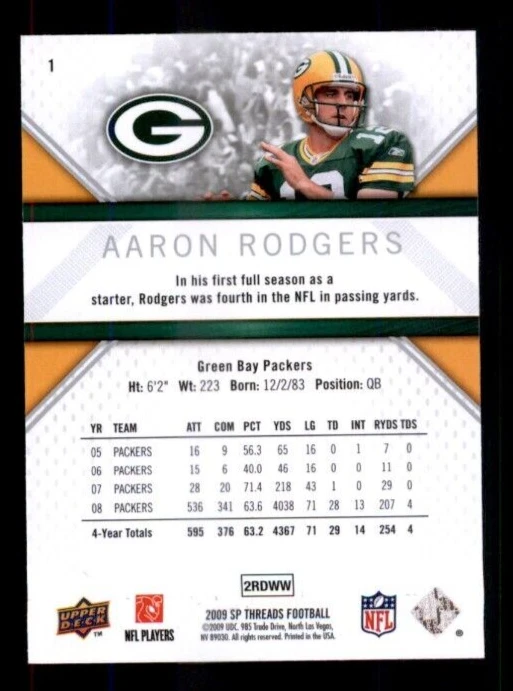 2009 SP Threads #1 Aaron Rodgers. - Image 2 of 2