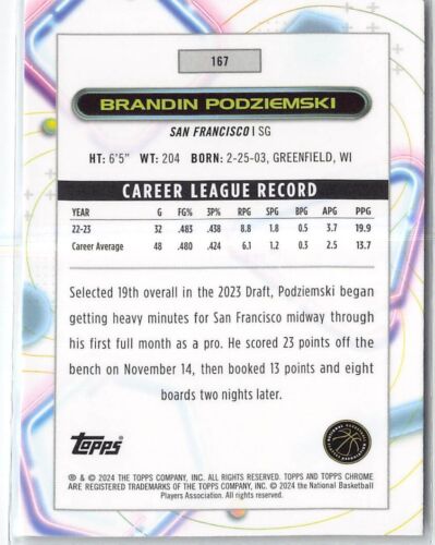 2023-24 Topps Cosmic Chrome - Brandin Podziemski #167 (RC) - Picture 2 of 2