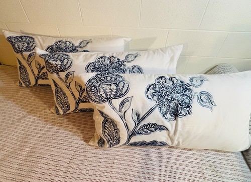 Croscill 3 Pillow Shams Embroidered Floral Leaves Blue White 36x20 King Size - 第 5/17 張圖片
