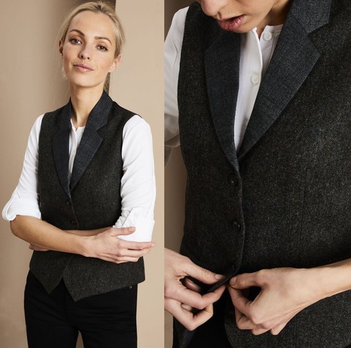 Womens Tweed Waistcoat 100% Wool Formal Vintage Tailored Vest Hospitality Casual - Picture 11 of 32