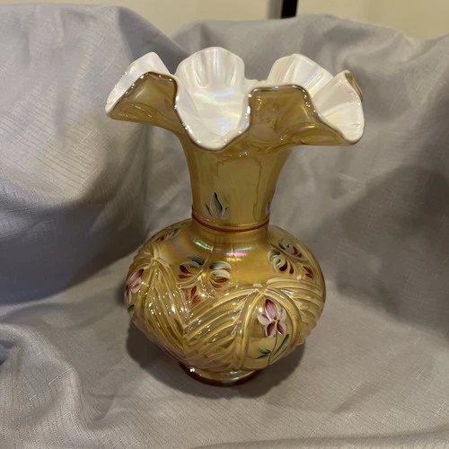 FENTON -  (HP) GOLD OVERLAY FLORAL MELON VASE-Signed S. Hart
