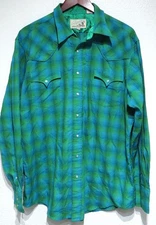 Roper BRIGHT GREEN BLUE PLAID Western Shirt Fits L/XL Cowboy Snaps Poly-Rayon