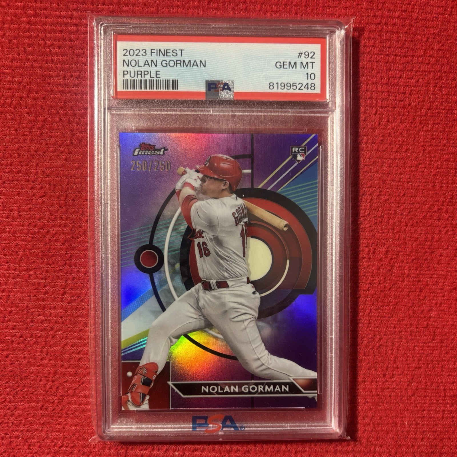 2023 Topps Finest - Nolan Gorman #92 Purple Refractor /250 (RC) PSA 10 Cardinals