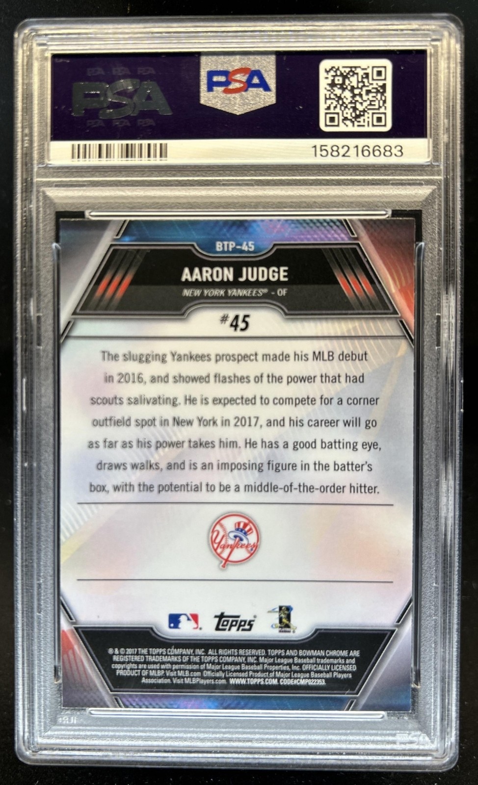 2017 Bowman Aaron Judge Scouts' Top 100 Rookie RC #BTP-45 Yankees PSA 9 view 2