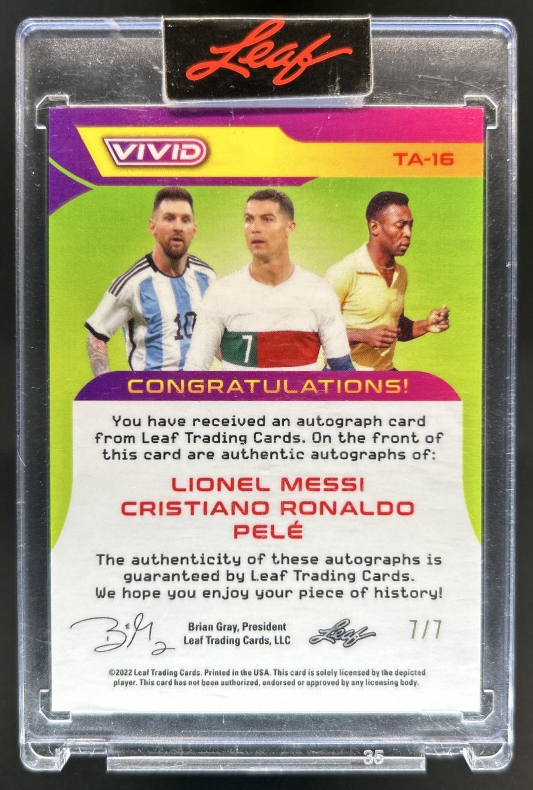 2022 Leaf Vivid Lionel Messi Cristiano Ronaldo Pele Triple Auto Grey #/7 view 2