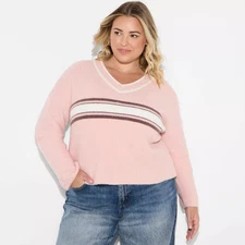 Women's V-Neck Pullover Sweater - Wild Fable Light Pink Rugby Striped 1X