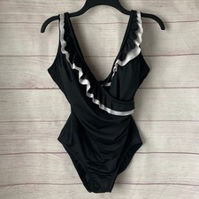 Vintage Longitude Black with White Ruffle Trim One Piece Swimsuit Size 10