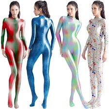AMORESY Damen Shiny Patterned Einteiler Overalls Langarm Cosplay Zentai Bodysuit