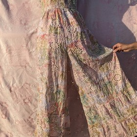 Eyelet Lace Wide Leg Jumpsuit Size L Pink Floral Smocked Fairy Cottage Pastel