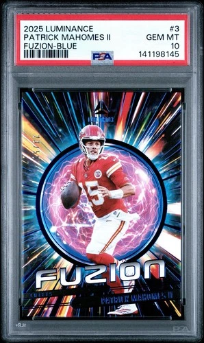 Patrick Mahomes II 2025 Panini Luminance Fuzion Blue #23/50 Chiefs ~ PSA 10 GEM