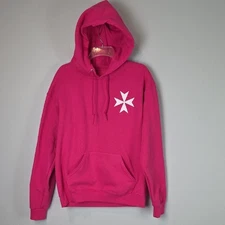 NEW Fuchsia Pink Hoodie with White Maltese Cross sweatshirt size medium womens