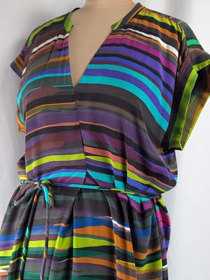 ELK the label Painted Stripe Maxi Dress US 10 Waist Tie Midi Wide Sleeve 