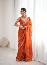 Designer Orange Saree Indian Wedding Party Wear Sari Festival Wear Outfit