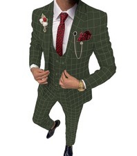 Mens 3Pcs Plaid Suits Groom Bestman Wedding Party Tuxedos Suit Blazer Vest Pants