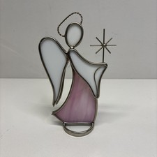 Vintage Pink Stained Glass Angel Free Standing Slag Glass Halo Holding Bells