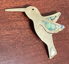 Vintage Alpaca Silver Mexico Signed Abalone Shell Inlay Humming Bird Brooch Pin