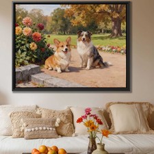 Oil Painting Corgi Dog Artwork Colorful Flower Canvas Print Living Room Decor