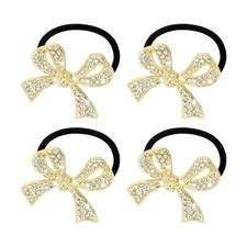 4 Pcs Sparkly Rhinestone Bow Hair Ties Gold Ponytail Holder Elastics
