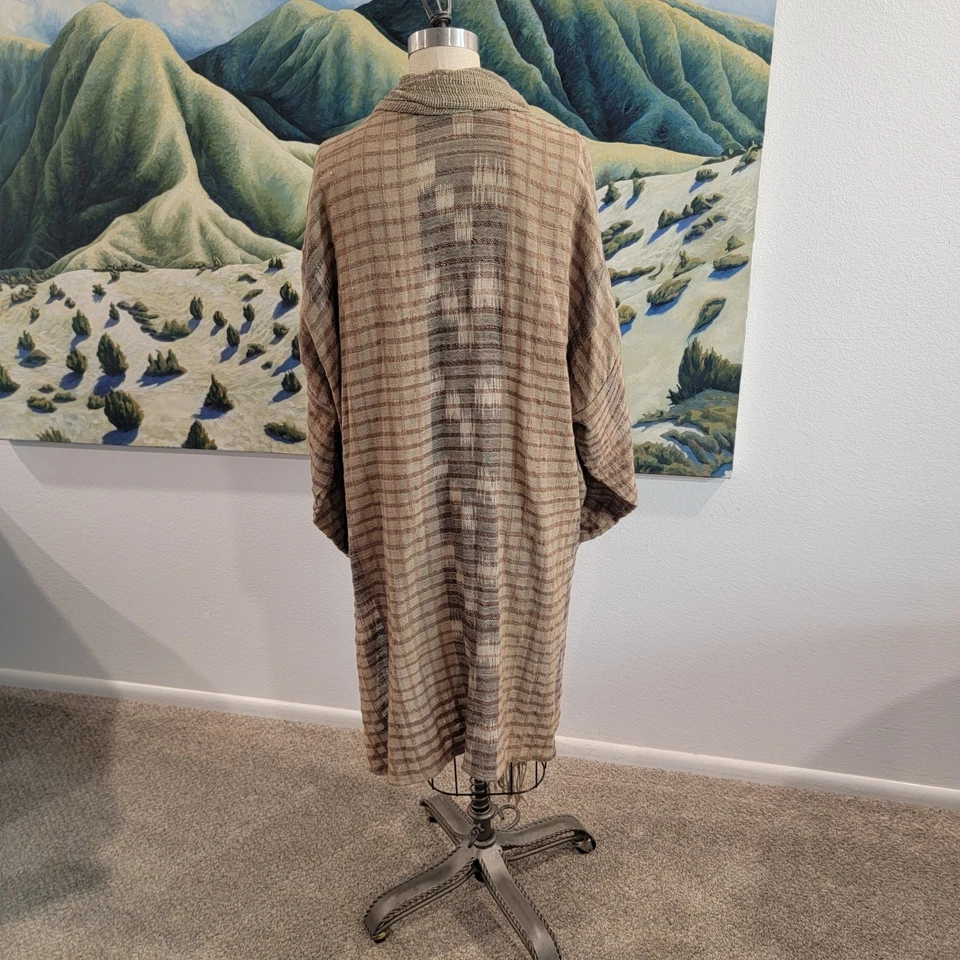 Santa Fe Cáñamo Tejido a Cuadros Algodón Marrón Negro Arte para Usar Kimono Cardi Chaqueta Foto 2 de 4