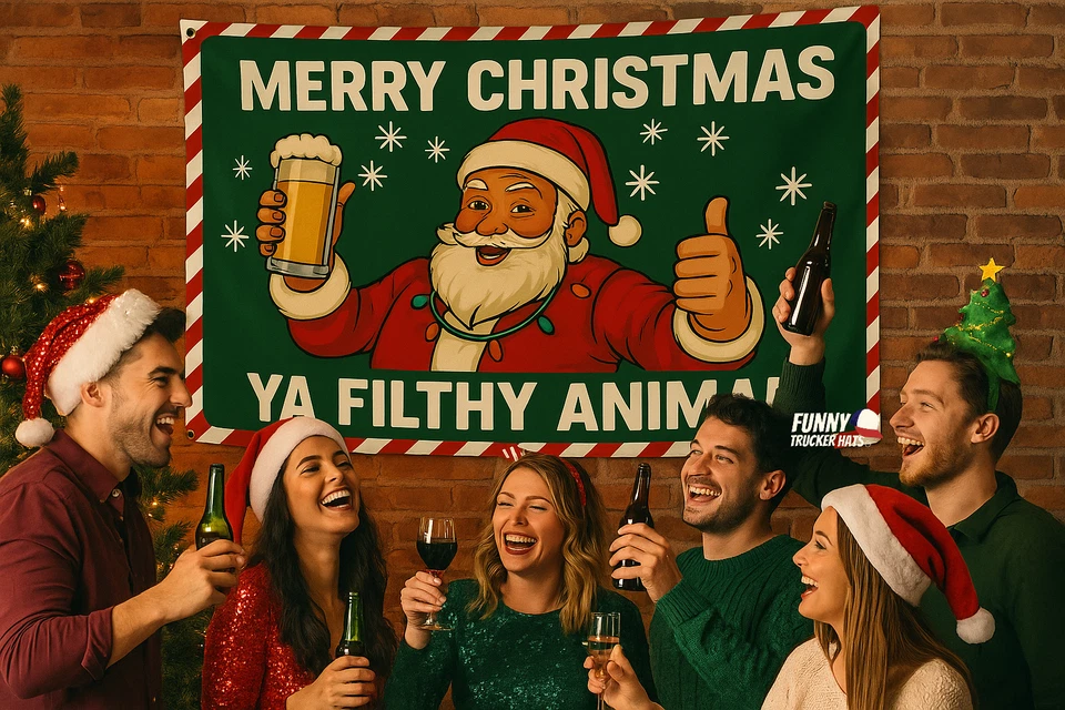 Feliz Navidad Ya Sucio Animal Bandera Divertido Papá Noel Banner Vacaciones Decoración de Pared Foto 3 de 4