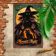 Halloween Witch and Cat Vintage Metal Sign 8x12 inch Spooky Decor