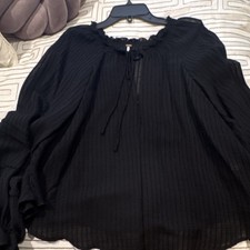 Free People Chiffon Sheer Balloon Sleeve Blouse Black Ruffle Tie Round Neck S/P