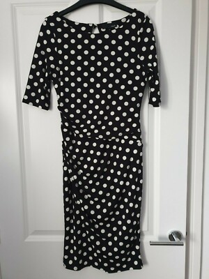 NEXT SMART MONOCHROME BLACK WHITE POLKA DOT SPOT KNEE LENGTH STRETCH SHIFT  DRESS UK