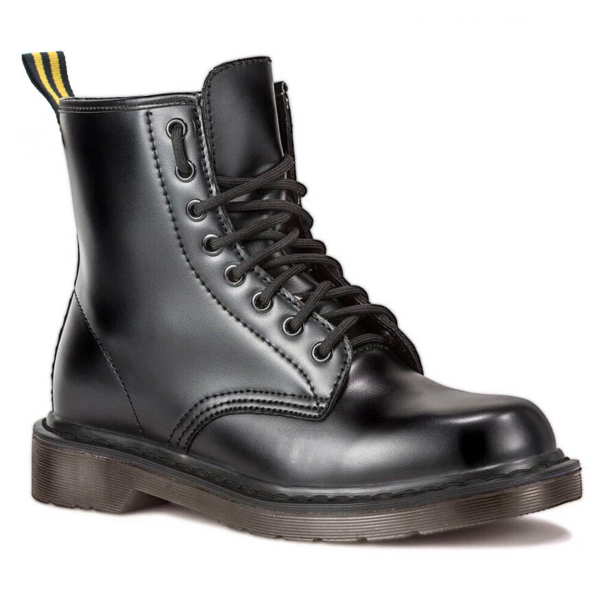 stivali stivaletti anfibi da donna alti neri ecopelle scarponcini con lacci - Immagine 4 di 4