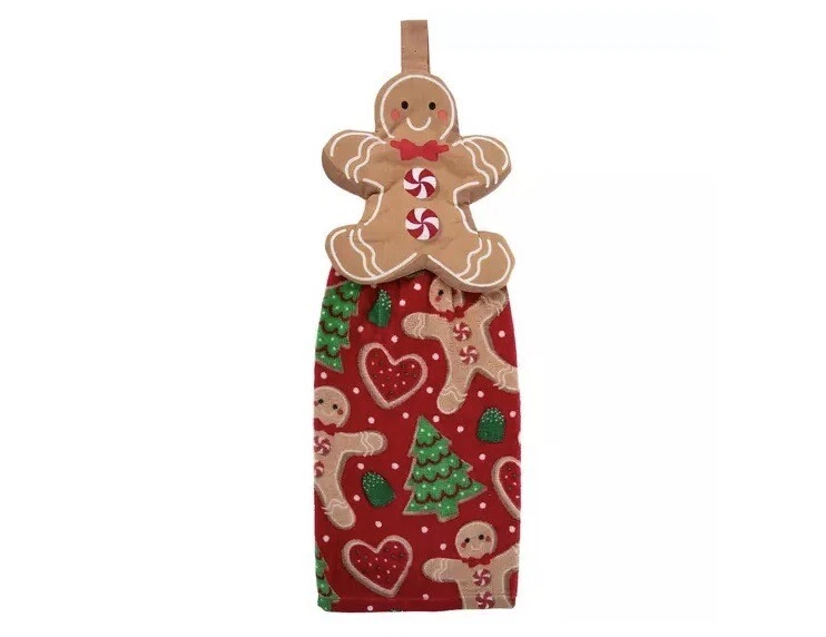 SLEIGH BELL BISTRO Christmas Gingerbread Head Kitchen Hanging Towel 15 X 12.5” Cotton Button New