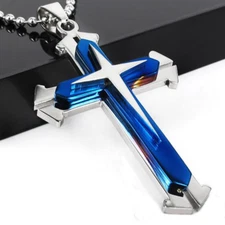 Crucifix Jesus Mens Women Necklace Blue Cross Stainless Steel Chain Pendant US