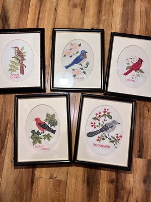 Lot Of 5 Vintage Cross Stitch Bird In Frames Read