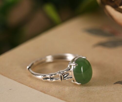 I02 Ring Bamboo With Oval Green Jade Sterling Silver 925 Adjustable Size