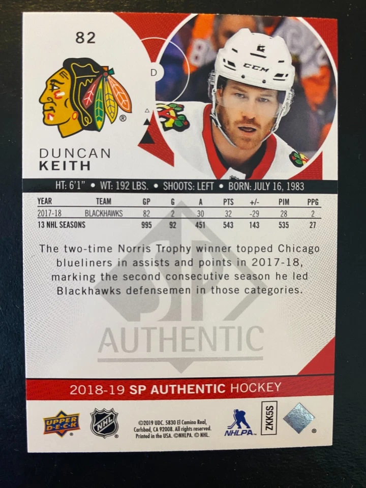 Duncan Keith 2018-19 SP Authentic Upper Deck #82 Chicago Blackhawks - Image 2 of 2