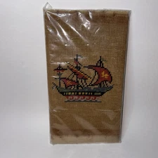 Vintage Cross Stitch Embroidery Piece Sailing Viking Ship  10x10 Hand Made