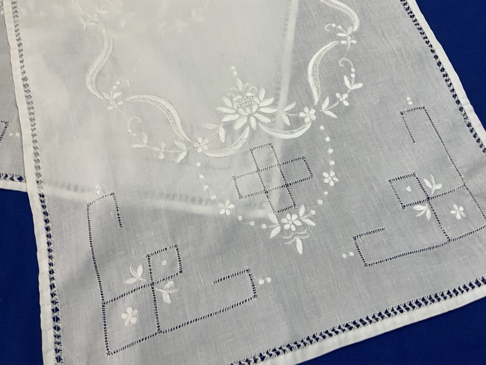 Vintage Dresser Scarf Or Table Runner, Flower & Dot Embroidery, Linen, White