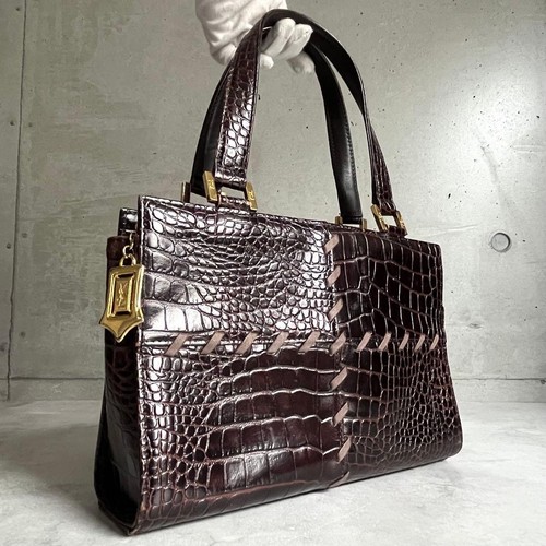 Yves Saint Laurent Crocodile Embossed Brown Handbag Japan 103449