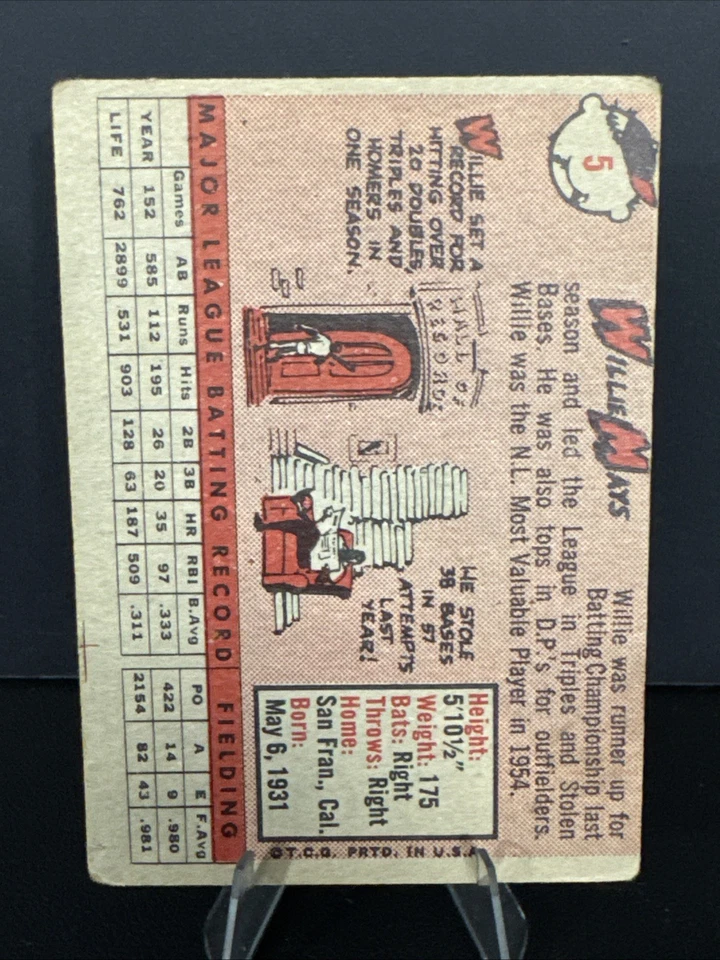 1958 Topps #5 Willie Mays en muy buena condición Gigantes de Nueva York Gigantes de San Francisco HoF en muy buena condición Foto 2 de 4