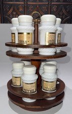 Vintage Spinning Two-Tier Spice Rack with 12 Milk Glass Spice Jars - Labeled