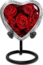 Heart Keepsake Urn 3" Tall Red Rose Floral Tribute for Human Ashes - Memorial