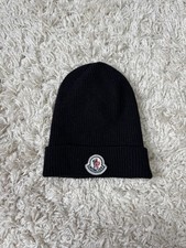Moncler Black Ribbed Knit Beanie Hat Logo Patch Made in Italy One Size