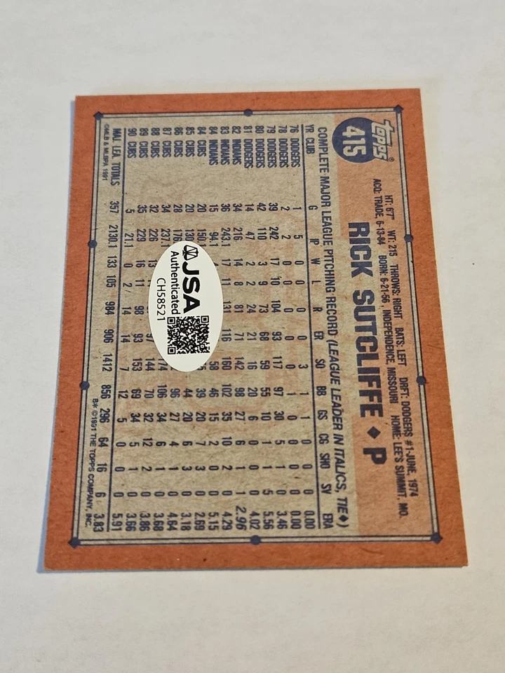 1991 Topps Rick Sutcliffe Chicago Cubs #415 firmado/automático certificado de autenticidad JSA CH58521 Foto 2 de 2