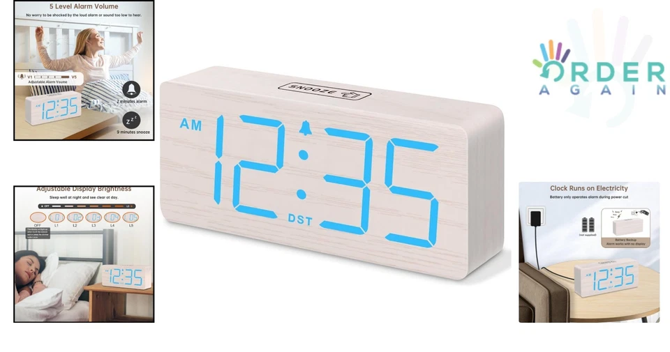 Reloj despertador digital de madera grandes números fuerte brillo atenuador repetición Foto 2 de 4